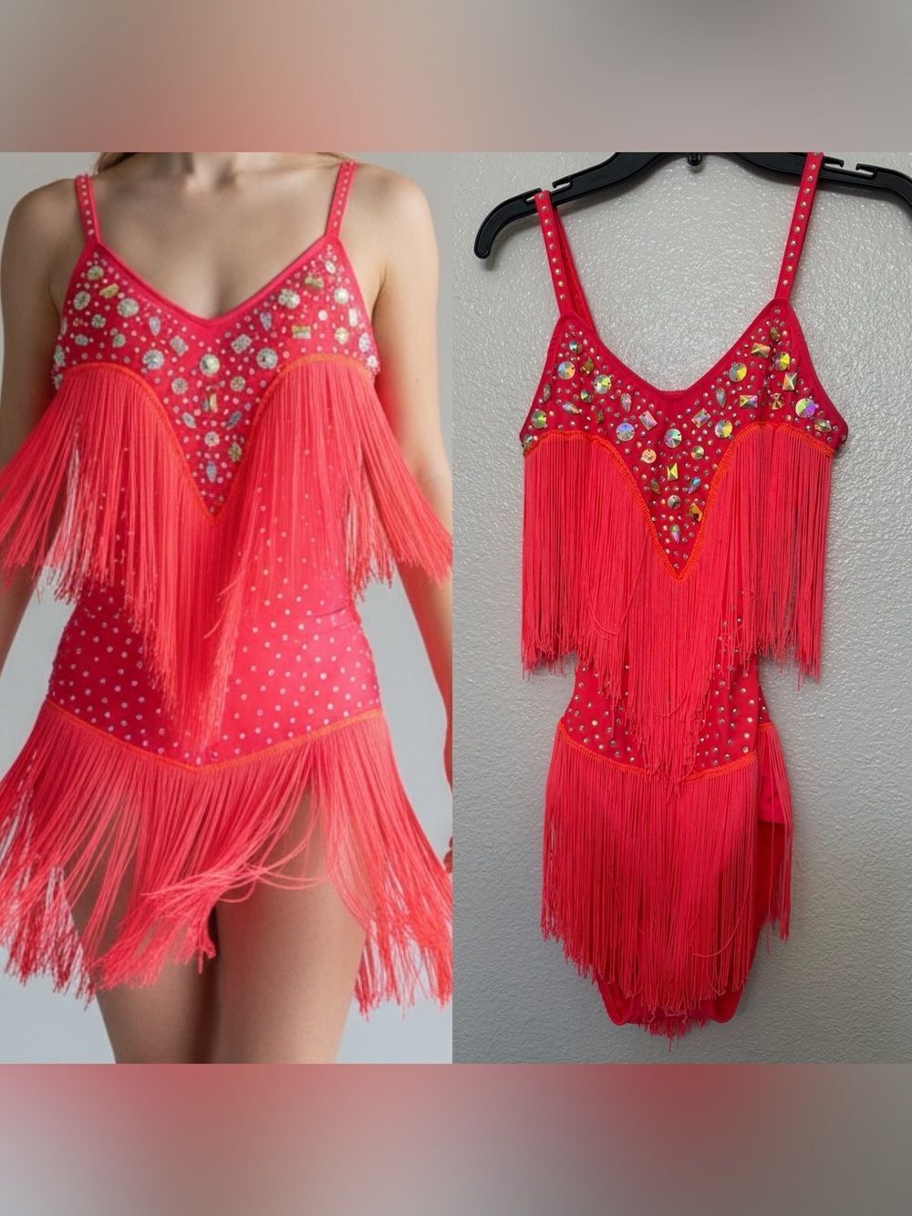 Glamour dance costume coral fringe gems rhinestone embellished SA-Small adult